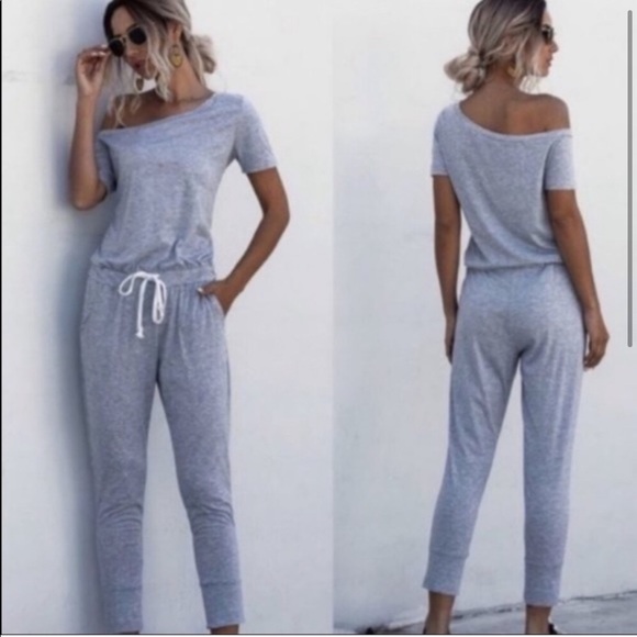 Off Shoulder Gray Jumpsuit - Picture 2 of 3